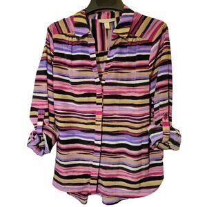 Dana Buchman Striped Blouse Hidden Buttons Roll-up button-tab sleeves Women Sz M